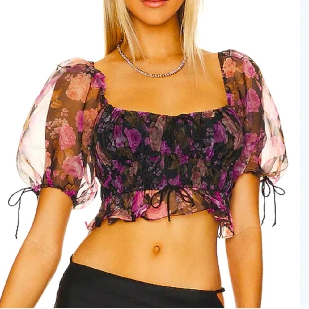 NWT For Love And Lemons Black and Pink Floral Blouse